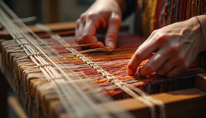 Hands weave colorful threads on wooden loom. Artisan crafting traditional textile. Handmade fabric, pattern creation. Art, culture, fashion. Weaving, production, craft, old technique.