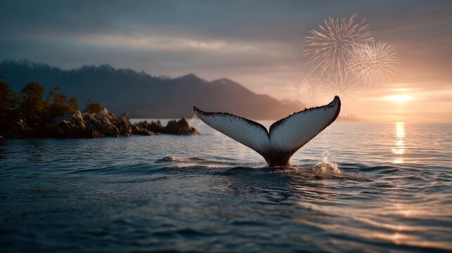 Majestic white whale tail fin with vibrant fireworks lighting the night sky