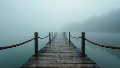 Obraz premium Wooden bridge extends over misty lake. Foggy weather creates mysterious atmosphere. Rope handrails. Pathway leads to unknown destination. Tranquil nature scene, travel, journey.