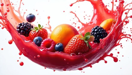 Dynamic shot of fresh juice splash with fruits. Orange, strawberry, raspberry, blackberry, blueberry composition. Vibrant red color liquid, healthy drink. Isolated on white background. Food