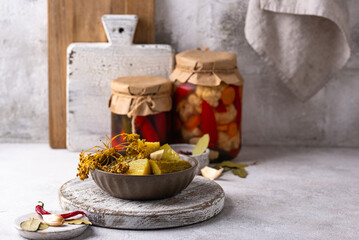 Bowl of pickled marinated cucumbers