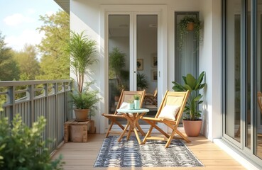 Modern balcony design. Wooden chairs, small round table on rug. Plants add natural vibe. Sunny day, home decor, outdoor relaxation space with railing and view.