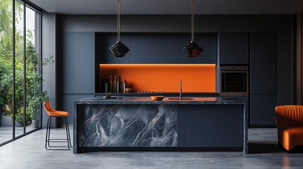 Modern dark kitchen with orange accents