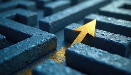 Golden arrow navigates blue labyrinth. Problem solving, overcoming obstacles. Concept represents solution, strategy, challenge, path, success, achievement, learning, growth, goal, target. Suitable