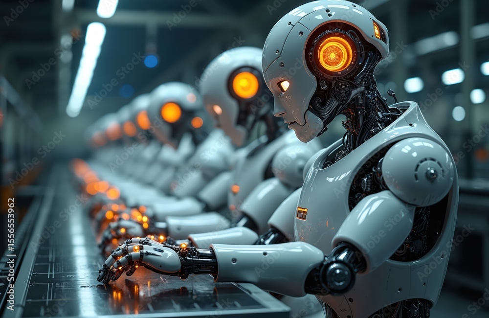 Poster Robots work on an assembly line in factory. Automated production, industrial technology, AI, future innovation, automated manpower. Digital process, advanced engineering, electronic tech.