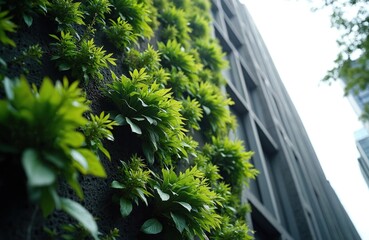 Modern building facade covered by green plants. Urban eco-friendly vertical garden, design concept for eco-city, green city with sustainable architecture. Eco living, sustainable concept for urban