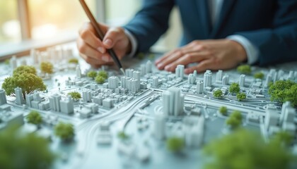 Fototapeta premium Architect sketching plans for future smart city district. Urban planning with integrated tech, green solutions. Miniature model of urban environment, buildings, green trees, city infrastructure.
