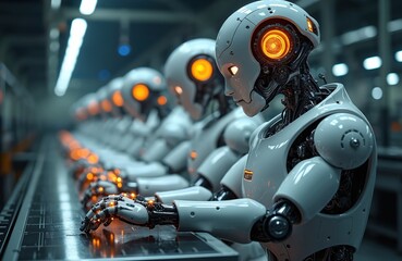 Fototapeta premium Robots work on an assembly line in factory. Automated production, industrial technology, AI, future innovation, automated manpower. Digital process, advanced engineering, electronic tech.