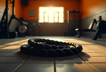 Heavy Black Battle Rope Coiled on Gym Floor
