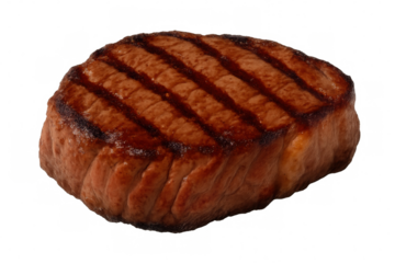 Delicious grilled steak with perfect grill marks, isolated on transparent background, ready to be served