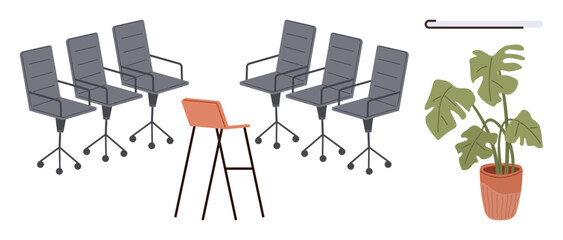 Gray office chairs, red high stool, potted monstera plant, and wall hanger creating a professional workspace. Ideal for workplace setup, collaboration, office design, team meeting, decor ideas