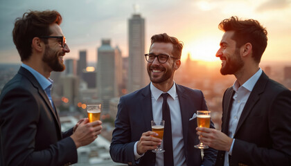 Group stylish men on rooftop enjoying drinks, conversation at sunset. Friends smiling, laughing, city lights in backdrop. Elegant party, networking, business lifestyle. Happy together.
