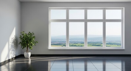 Bright Room with City View Through Large Window and Plant