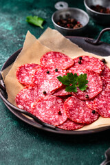 Sliced spicy tasty salami sausage