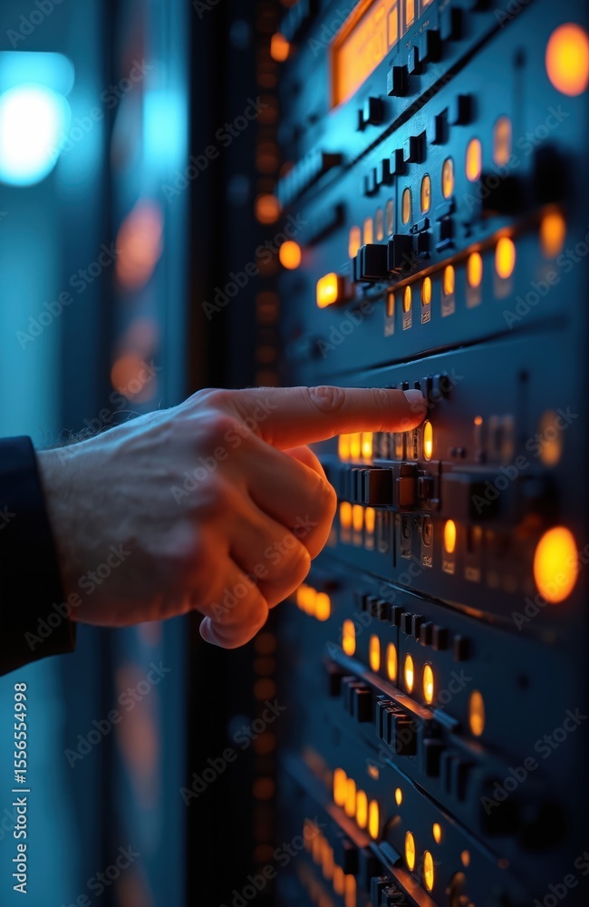 Poster Technician interacts with illuminated server controls in high-tech data center at night. Hand touches buttons. Digital network system with hardware, processing, computing, light, maintenance,