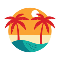 Obraz premium Idyllic tropical island paradise with a relaxing hammock and vibrant retro sunset sky