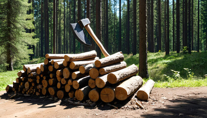 Black Axe Resting Beside Wood Logs in Sunlit Forest