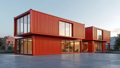 Modern office building made from repurposed shipping containers. Innovative architecture sustainable design. Exterior featuring workspace. Vibrant orange color. Urban development concept. Business,