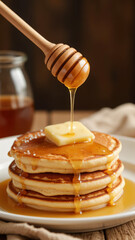 Stack of fluffy pancakes topped with butter and honey drizzle on a rustic wooden table.