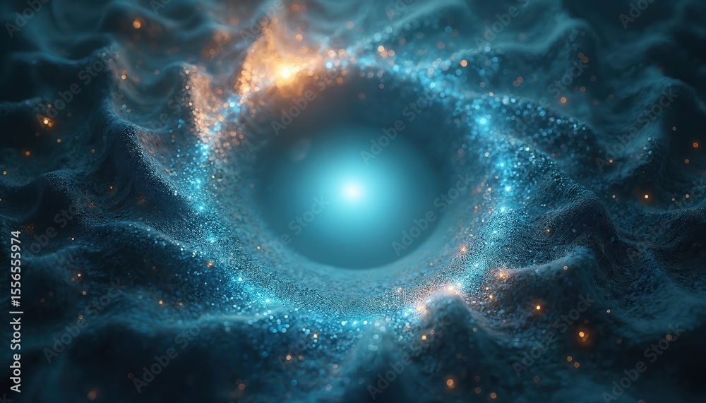 Poster 3D render abstract circle light background. Blue tunnel portal, energy flow with dynamic glow effect. Futuristic digital tech design, vibrant digital creation. Science, astronomy space concept with