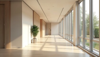 Fototapeta premium Modern office building empty hallway. Bright sunshine, big windows, light. Clean, bright, luxury corporate interior. Hallway, empty space, meeting, urban architecture.