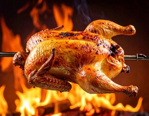 Roasted chicken on a spit over flames