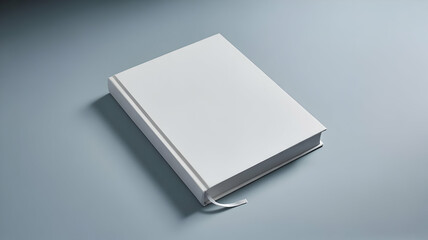 Close up of a blank white hardcover book with a bookmark on a gray surface in a studio setting