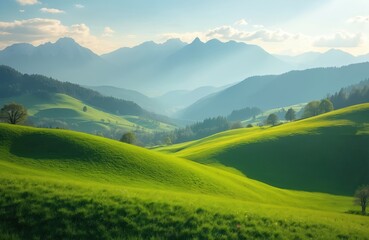 Obraz premium Panoramic view of green fields, rolling hills, mountains and sky. Sunshine on fresh spring grass. Natural background. Ideal for travel, vacation, tourism. Peaceful countryside landscape.