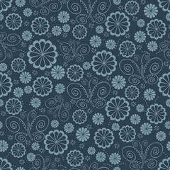 Blue Grey Butterfly Asian  Floral Pattern Seamless Repeat