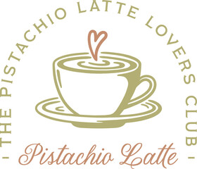 Pistachio latte lovers club coffee nut nutty flavor hot comfort drink cup aesthetic funny girls shirt design logo. Vintage retro fancy winter season cute mug illustration poster print sticker clipart.