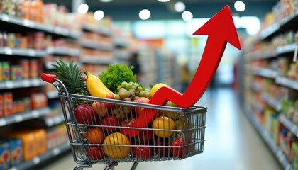 Shopping cart filled with fresh fruits, vegetables, rising inflation arrow in supermarket. Illustrates food price increases, economic hardship, rising cost living. Concept consumer, retail,