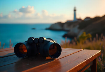 Binoculars On Wooden Table Overlooking Ocean