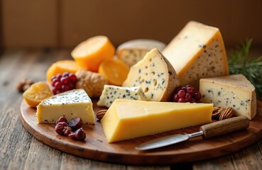 Variety of cheeses on wooden board with dried fruit, nuts, cheese knife. Delicious gourmet snack, tasty food assortment, perfect for party, celebration dining. Rustic vintage style, healthy, fresh,