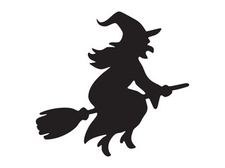 Black silhouette of halloween witch on broomstick isolated on white background, graphic illustration. concept of spooky, witchcraft, halloween, symbol, icon, magic, design element