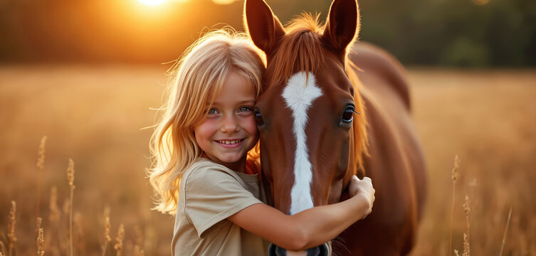 Young girl hugs horse. Friendship moment between child animal at sunset field. Little lady love equine. Golden light, warmth, tenderness, connection. Peaceful, serene, rural harmony in the outdoors.