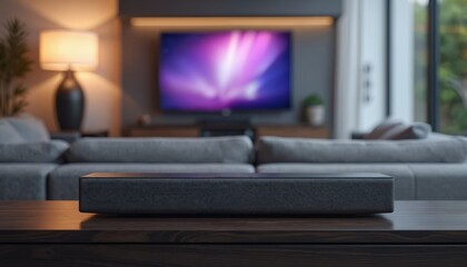 Modern wireless Bluetooth speaker on wooden table in home interior. TV on background. Minimalist design, audio entertainment system for listening music, watching movies. Music tech, smart home system.