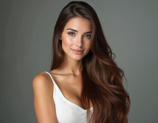 Naklejka premium Beautiful young woman with long straight brown hair. Portrait of a stylish model in a studio with a neutral background. Clear skin soft natural makeup. Perfect hairstyle. Healthy hair.
