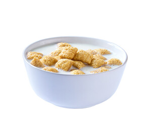 corn pads with milk in a bowl isolated on a white background.