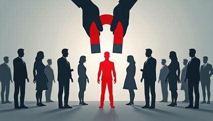 Concept image. Magnet attracts red human figure. Silhouettes of other people. Recruitment, talent acquisition, human resources concept. Attracting top employee to company.