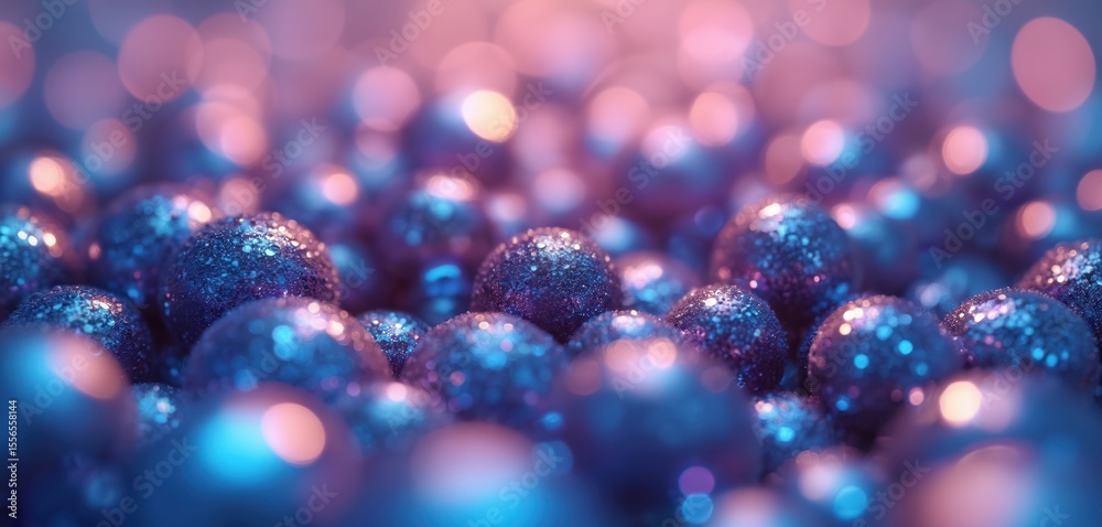 Poster Close-up macro shot of many small blue, purple spheres. Shiny, wet balls with sparkling effect. Abstract bubble pattern with light droplets background, water, reflection. Illustration creates dreamy