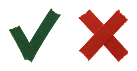 Symbolic Representation of Approval and Disapproval with a Green Tape Check Mark and a Red Tape Cross Mark Isolated on Transparent and White Background