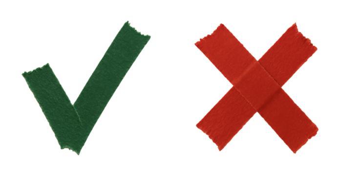 Symbolic Representation of Approval and Disapproval with a Green Tape Check Mark and a Red Tape Cross Mark Isolated on Transparent and White Background
