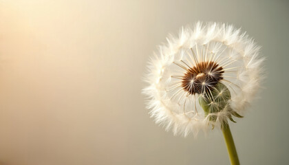 Elegant dandelion close-up on soft background, perfect for sympathy card. Delicate blowball, seed head represents loss, hope, support. Image embodies fragility, remembrance, comfort, empathy,