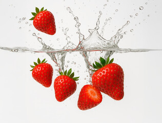 AI Splashing Strawberries in Clear Water