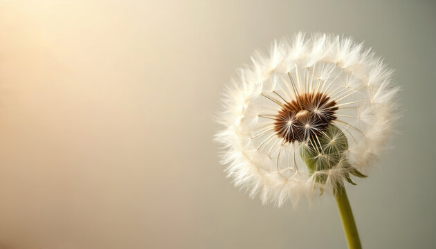Elegant dandelion close-up on soft background, perfect for sympathy card. Delicate blowball, seed head represents loss, hope, support. Image embodies fragility, remembrance, comfort, empathy,