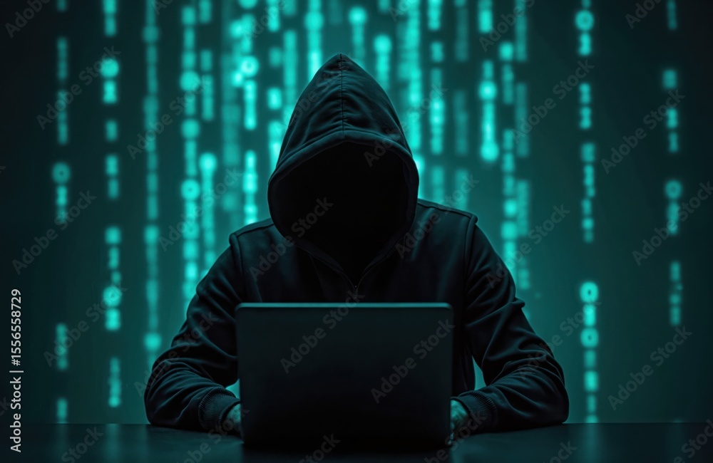 Poster Anonymous hacker wearing hood using laptop against binary code background. Cybersecurity concept, cybercrime, internet scam for business. Risks of online fraud, data breach, digital protection.