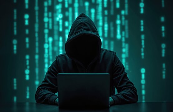 Anonymous hacker wearing hood using laptop against binary code background. Cybersecurity concept, cybercrime, internet scam for business. Risks of online fraud, data breach, digital protection.