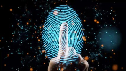 Digital biometric scan shows a fingerprint of turquoise energy with bokeh-like lights against a black backdrop, reaching a digital interface - Powered by Adobe
