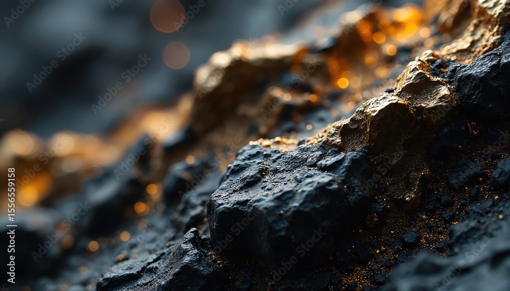 Aufkleber abstract close-up of black and gold rock texture. rough surface detail in macro shot with dark and g
