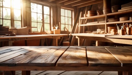 rustic wooden table in a sunlit workshop